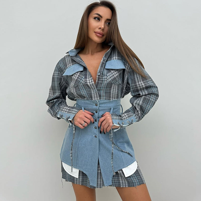 Damen modisches Hemdblusenkleid mit Denim-Elementen EB