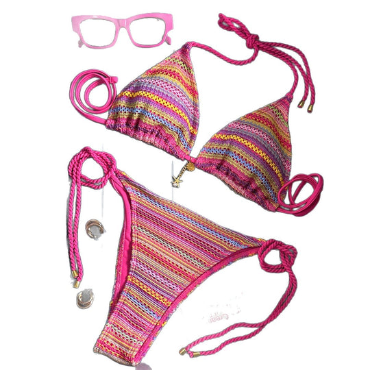 Damen Geflochtener Triangel-Bikini mit buntem Häkelmuster EB