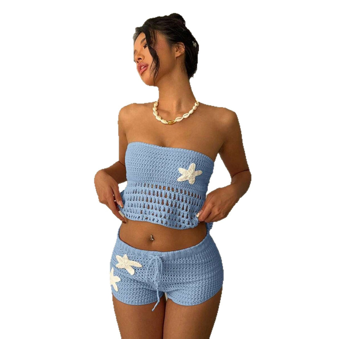 Damen gehäkeltes Strand-Set mit verstellbarem Oberteil und Shorts EB