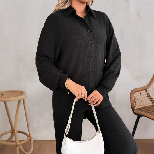 Damen Geripptes Oversize-Hemd mit Hemdkragen und Ballonärmeln EB