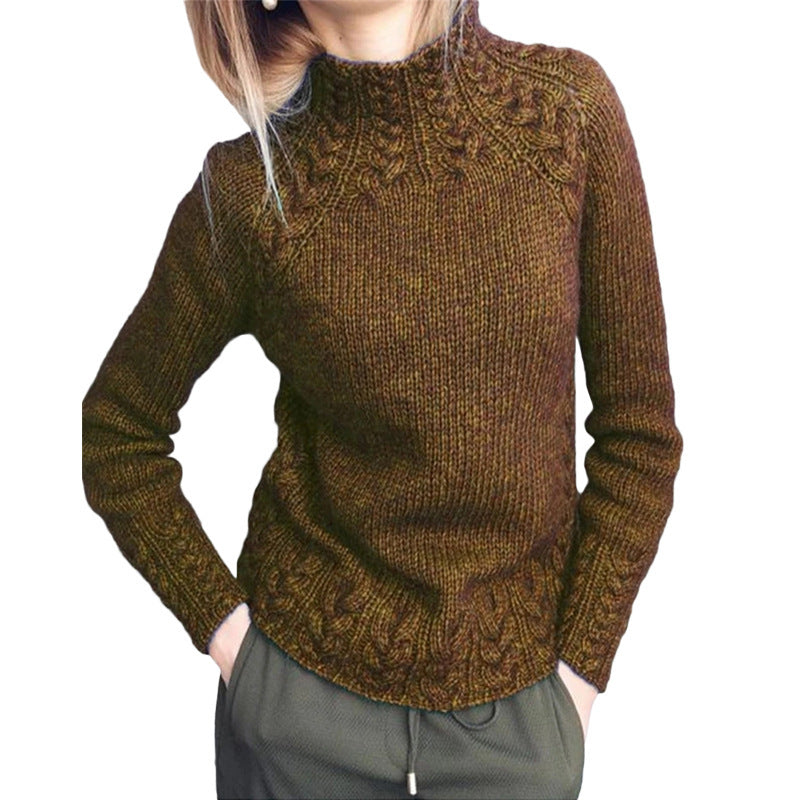Damen nan grobgestrickter Zopfmuster-Pullover mit Stehkragen und tailliertem Schnitt EB