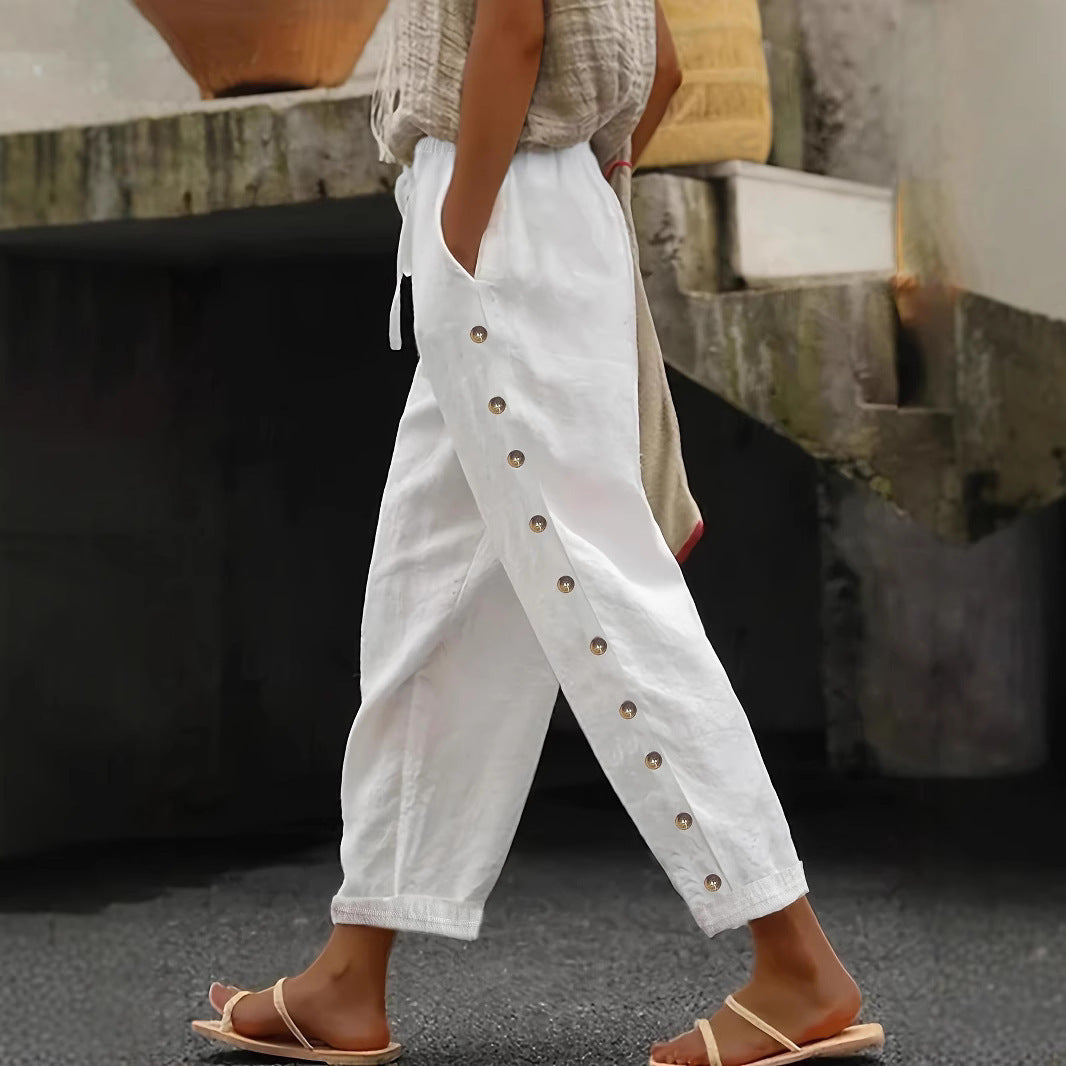 Damen Modische Palazzo-Hose mit Knopfdetails und elastischem Bund EB