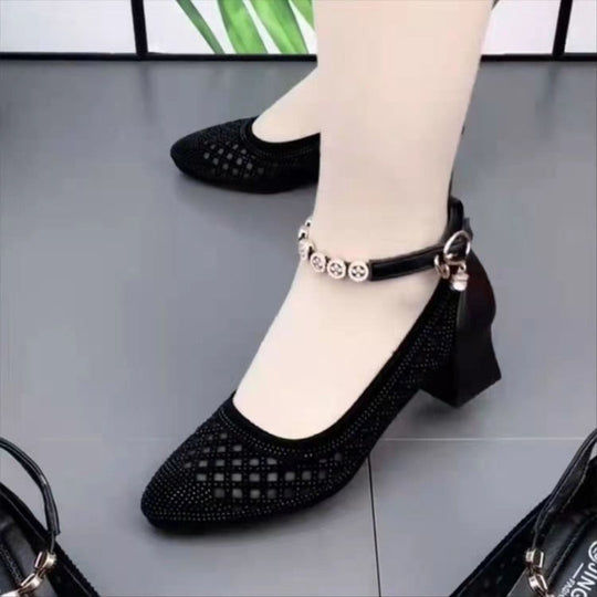 Damen elegante Ballerinas mit modischem Riemen und komfortablem Blockabsatz EB