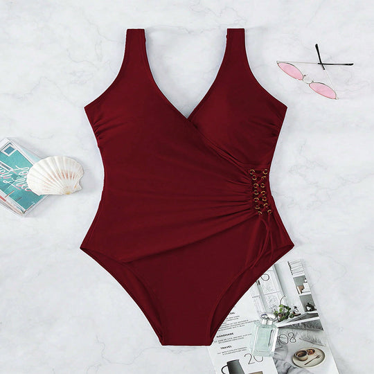 Damen Einteiliger Badeanzug mit elegantem Wickeldesign und modischen Schnürdetails EB