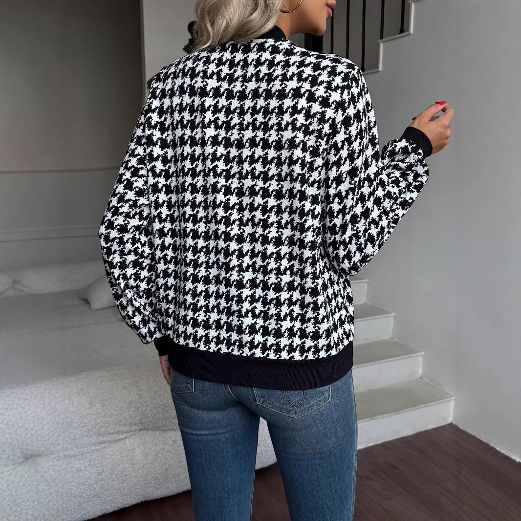 Damen Modischer Bomberjacke mit klassischem Hahnentrittmuster EB