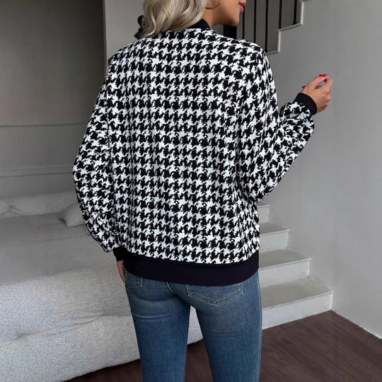 Damen Modischer Bomberjacke mit klassischem Hahnentrittmuster EB