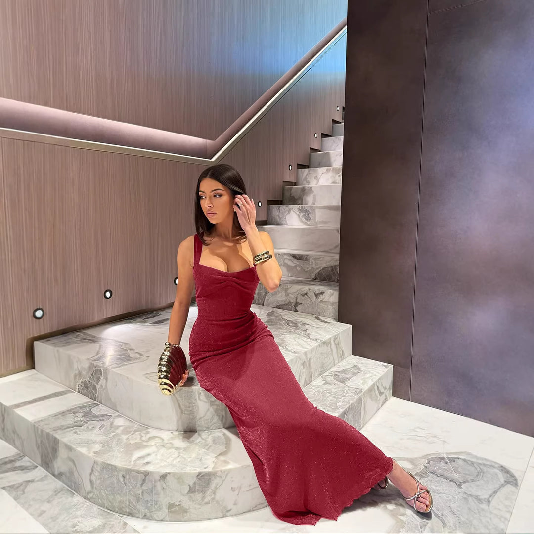 Damen Glitzerndes Maxikleid mit Carmen-Ausschnitt und figurformendem Schnitt EB