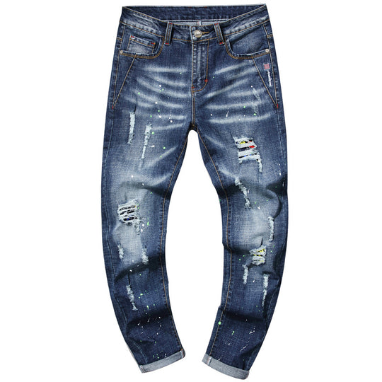Herren modische Jeans mit kreativen Farbklecksen und Rissdesign EB