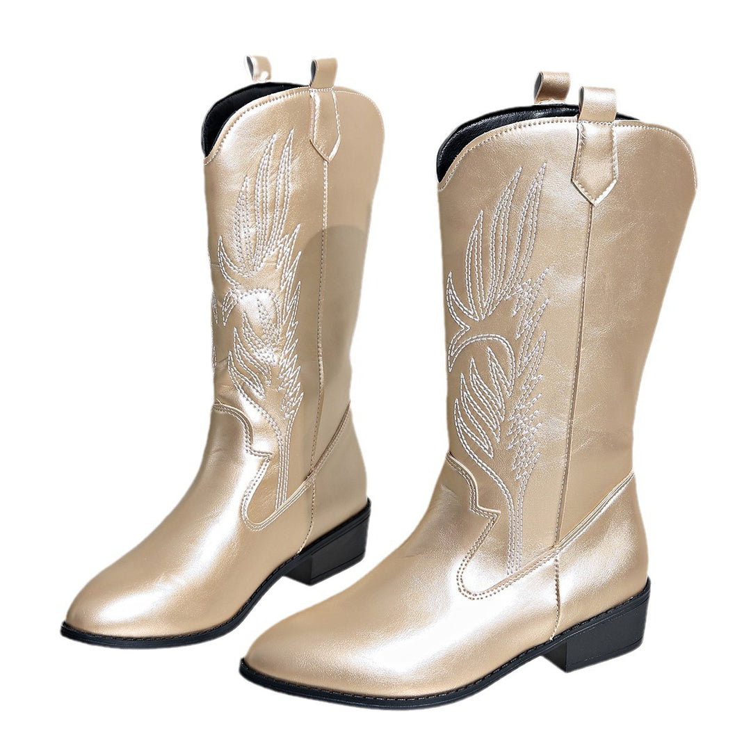 Damen Cowgirl-Kniehoher Stiefel mit dekorativer Stickerei, Pull‑Tabs und komfortablem Blockabsatz EB