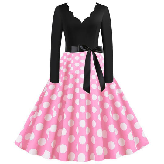 Damen Retro-Swingkleid mit langen Ärmeln tailliertem Oberteil gepunktetem Tellerrock und Schleifengürtel EB