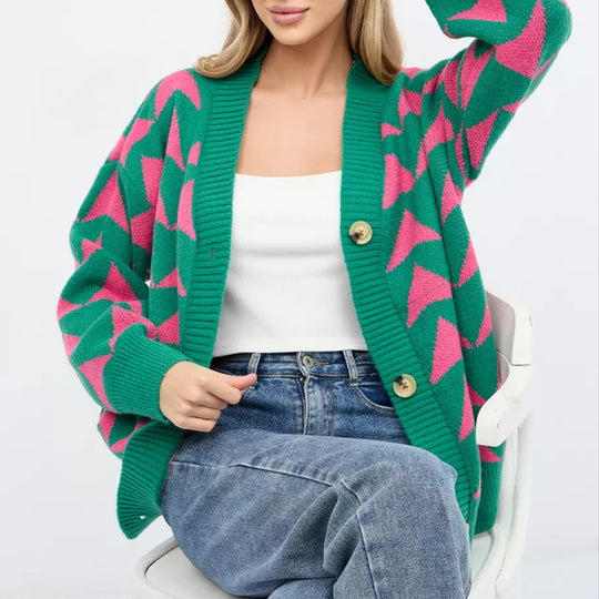 Damen Strickjacke mit geometrischem Muster und knöpfbarem Design EB