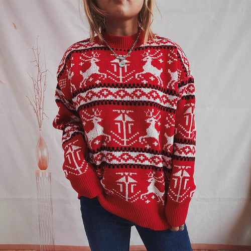 Damen Weihnachts-Pullover im festlichen Norwegermuster mit Rundhalsausschnitt EB