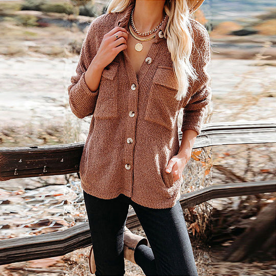 Damen Overshirt im lässigen Strickdesign mit Knopfverschluss und Brusttasche EB