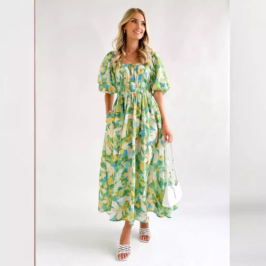 Damen Off-Shoulder Maxikleid mit floralen Mustern und elastischem Bund EB