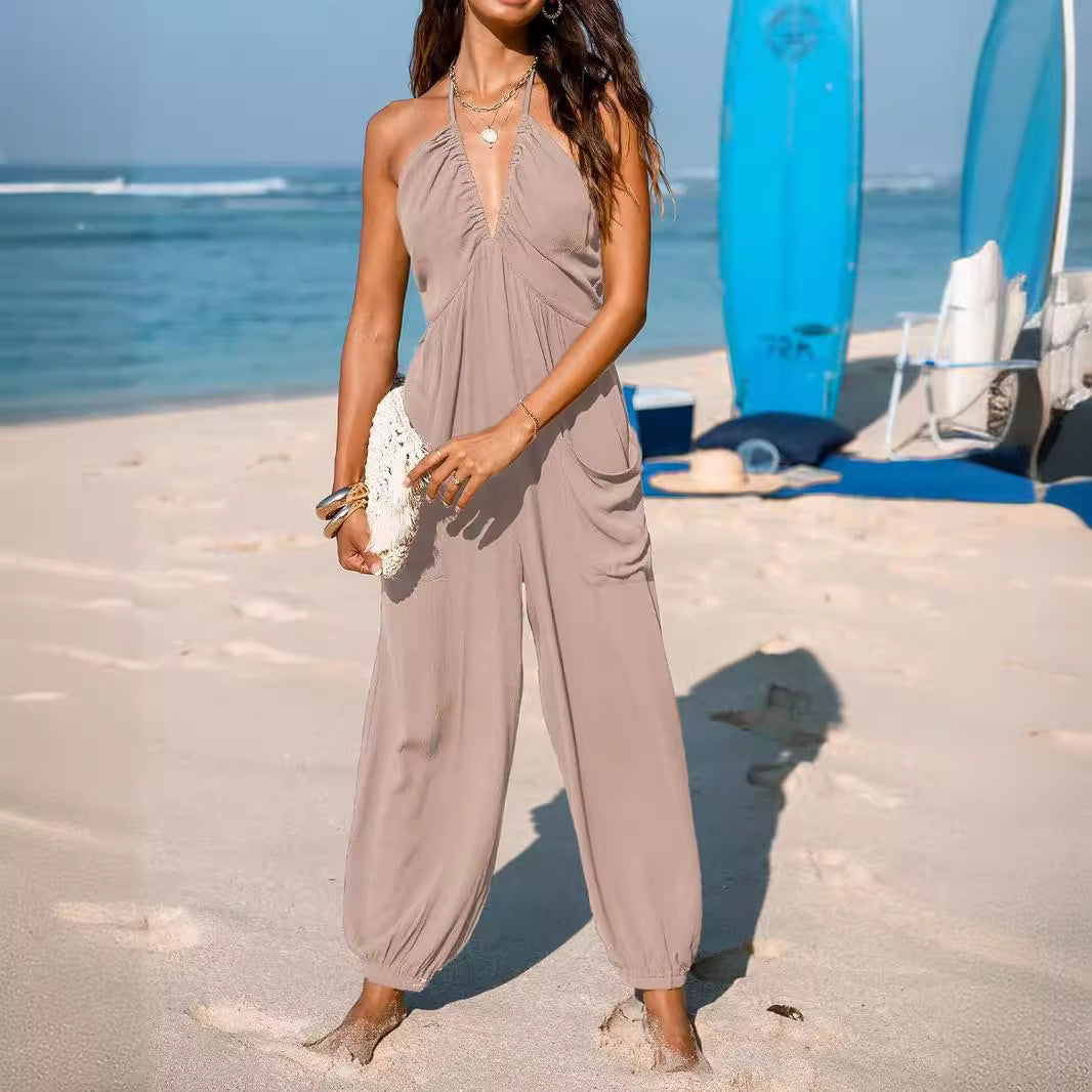 Damen lässiger Jumpsuit mit tiefem Ausschnitt und praktischen Taschen EB