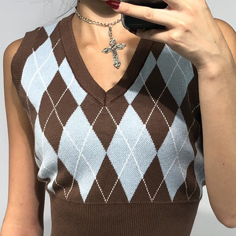 Damen cropped Stricktop mit modernem Rautenmuster EB