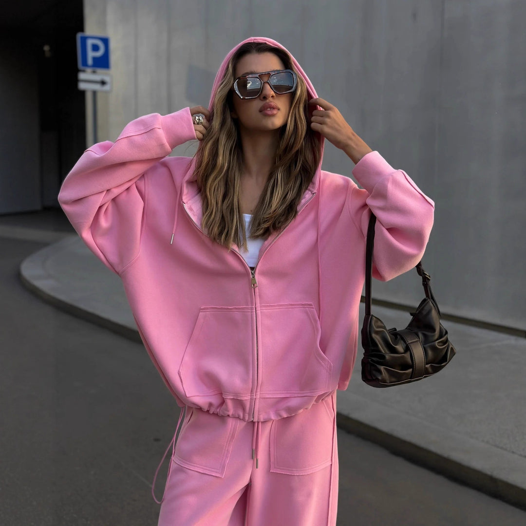 Damen nan oversized Kapuzenjacke mit Reißverschluss und Kängurutasche EB