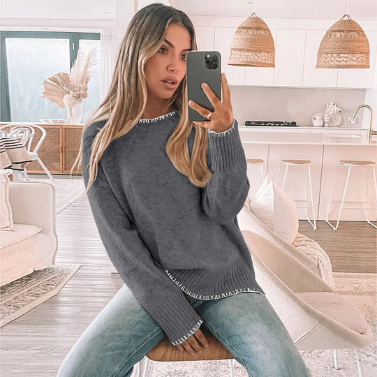 Damen Strickpullover mit dekorativem Saum und weiten Ärmeln EB