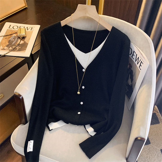 Damen lässige Strickjacke mit feiner Rippstruktur und tiefem V-Ausschnitt EB