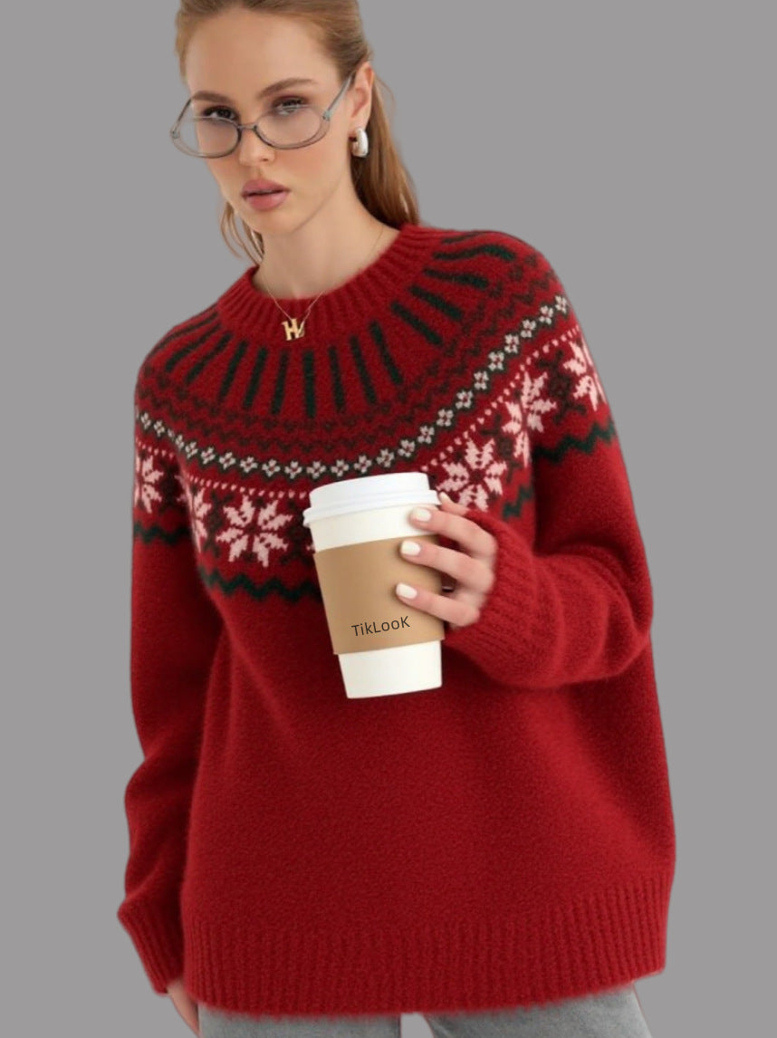 Damen Strickpullover mit festlichem Norweger-Motiv und weitem Schnitt EB