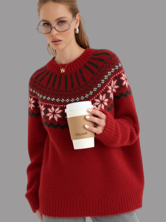 Damen Strickpullover mit festlichem Norweger-Motiv und weitem Schnitt EB