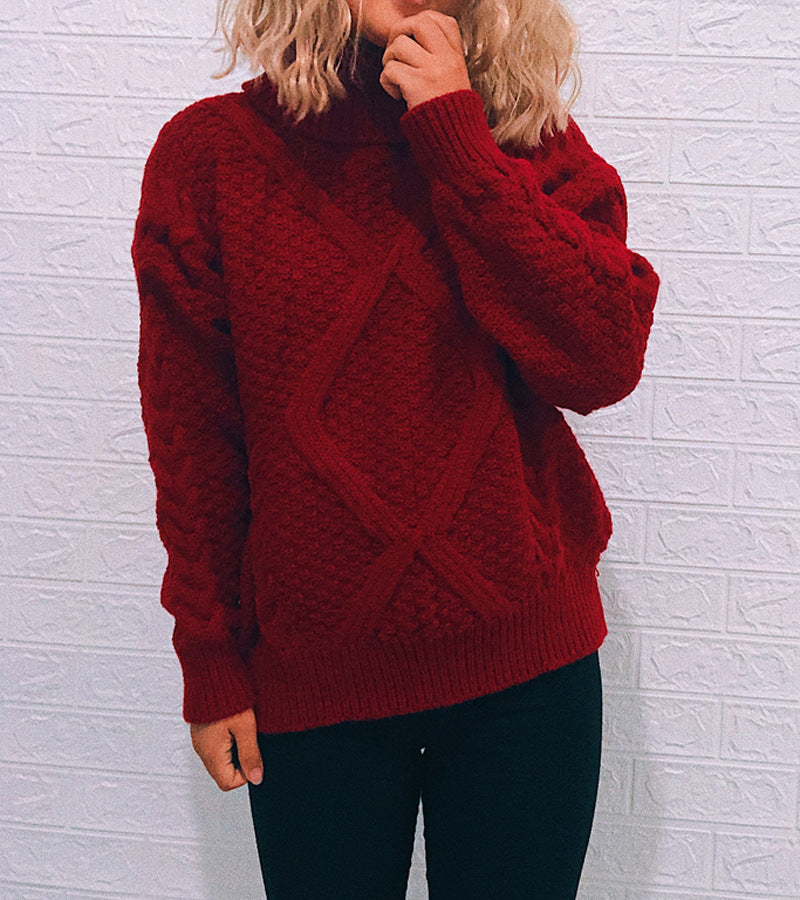 Damen Grobstrickpullover mit modischem Zopfmuster und hohem Kragen EB