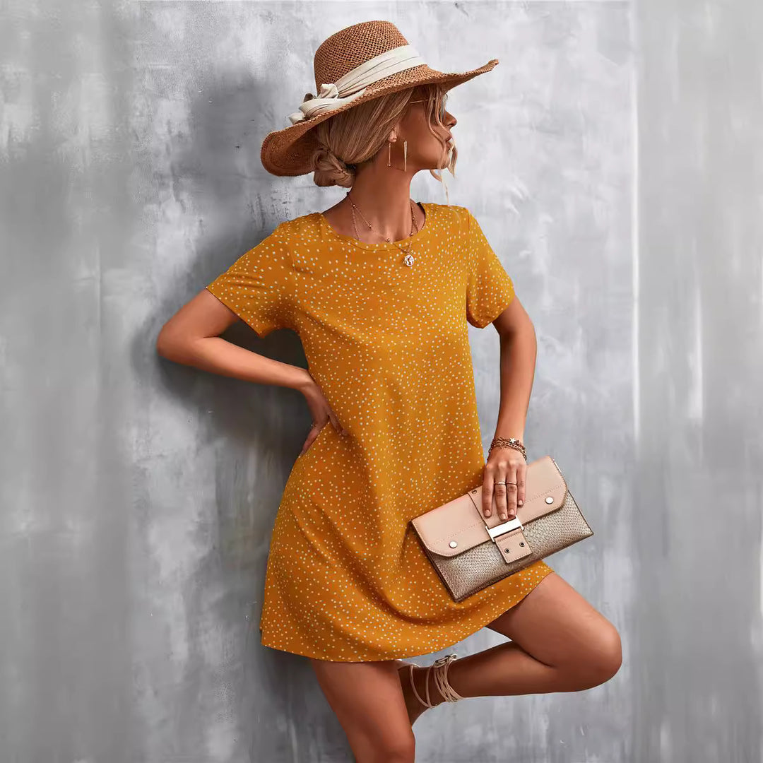 Damen lässiges Polka-Dot Kleid mit kurzem Arm und bequemem Schnitt EB