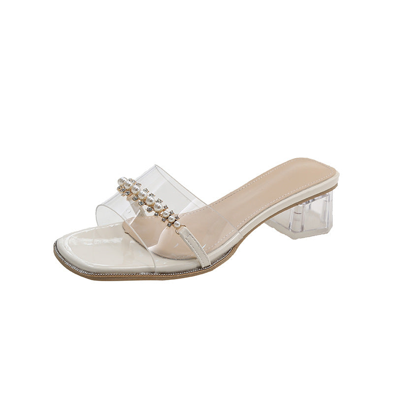 Damen Glamouröse Mules mit transparentem Obermaterial und funkelnden Perlenakzenten EB