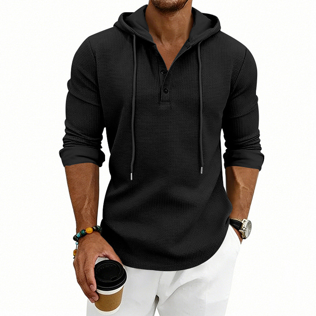 Herren Waffelstrick-Henley-Hoodie mit Knopfleiste und Kapuze EB