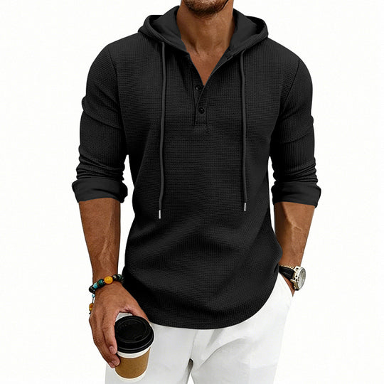 Herren Waffelstrick-Henley-Hoodie mit Knopfleiste und Kapuze EB