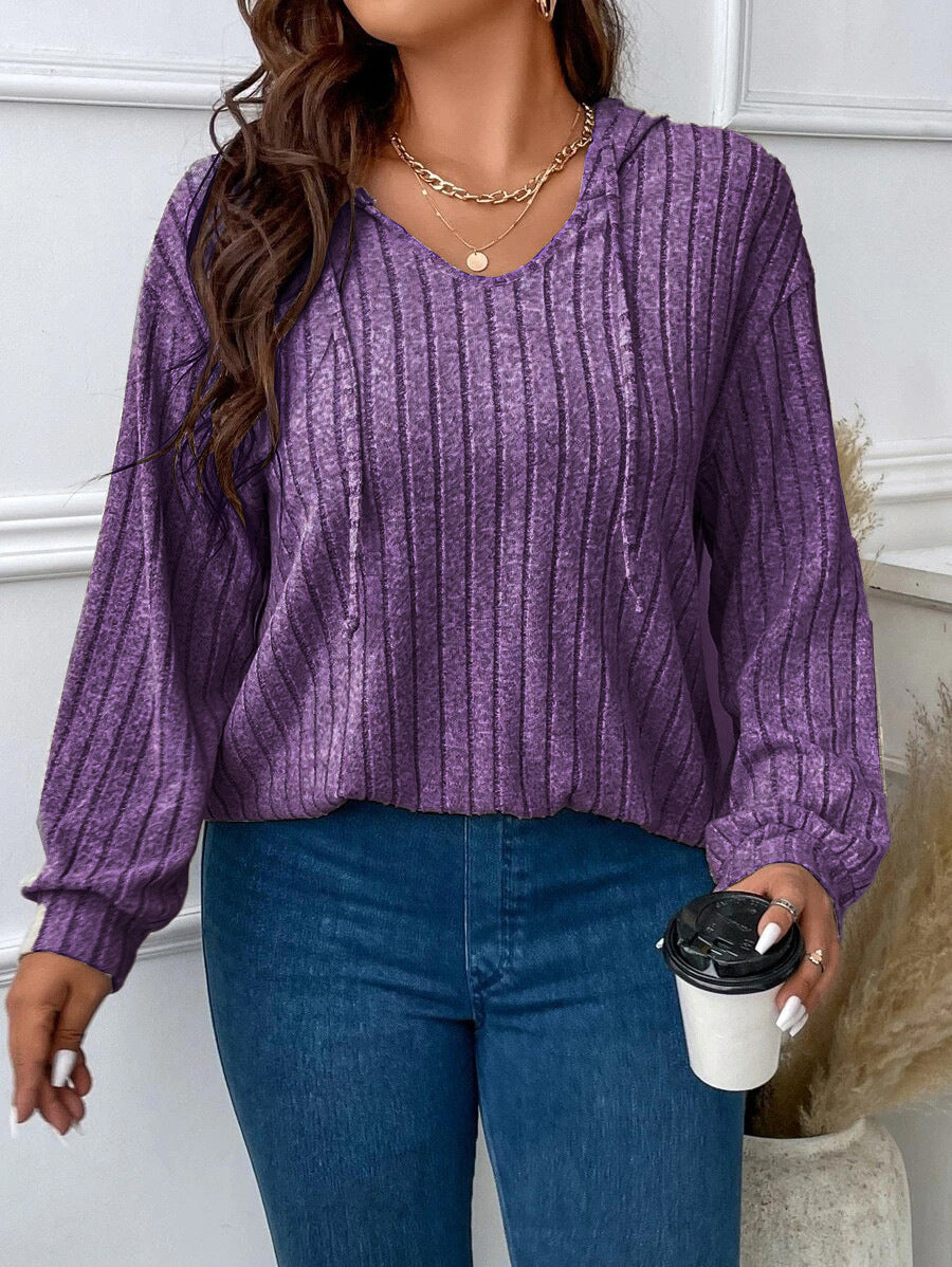 Damen nan gerippter Kapuzenpullover aus Feinstrick mit V-Ausschnitt EB