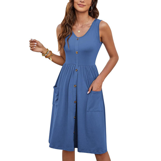 Damen Knielanges Sommerkleid mit Knopfdetails und praktischen Taschen EB