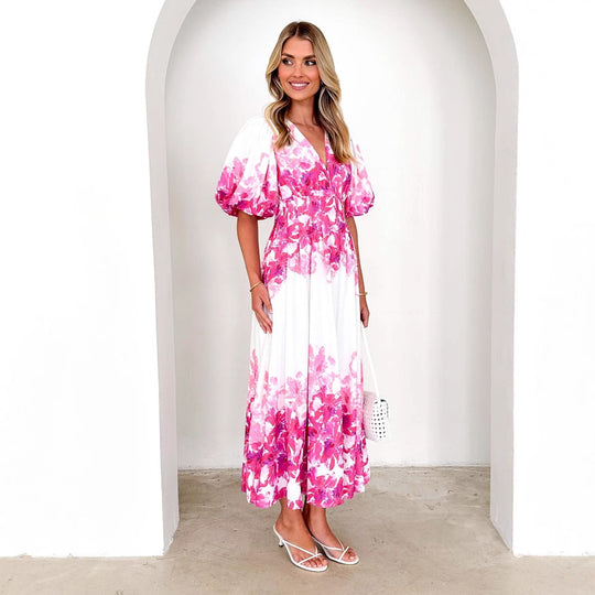 Damen Maxikleid mit voluminösen Ärmeln und floralem Print EB