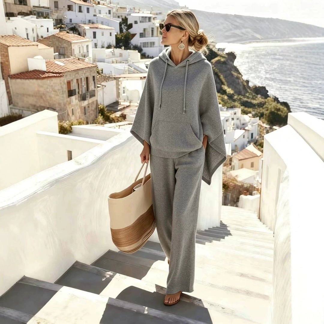 Damen nan lässiges Kapuzenponcho und weite Hose Lounge-Set aus weichem Sweatstoff EB