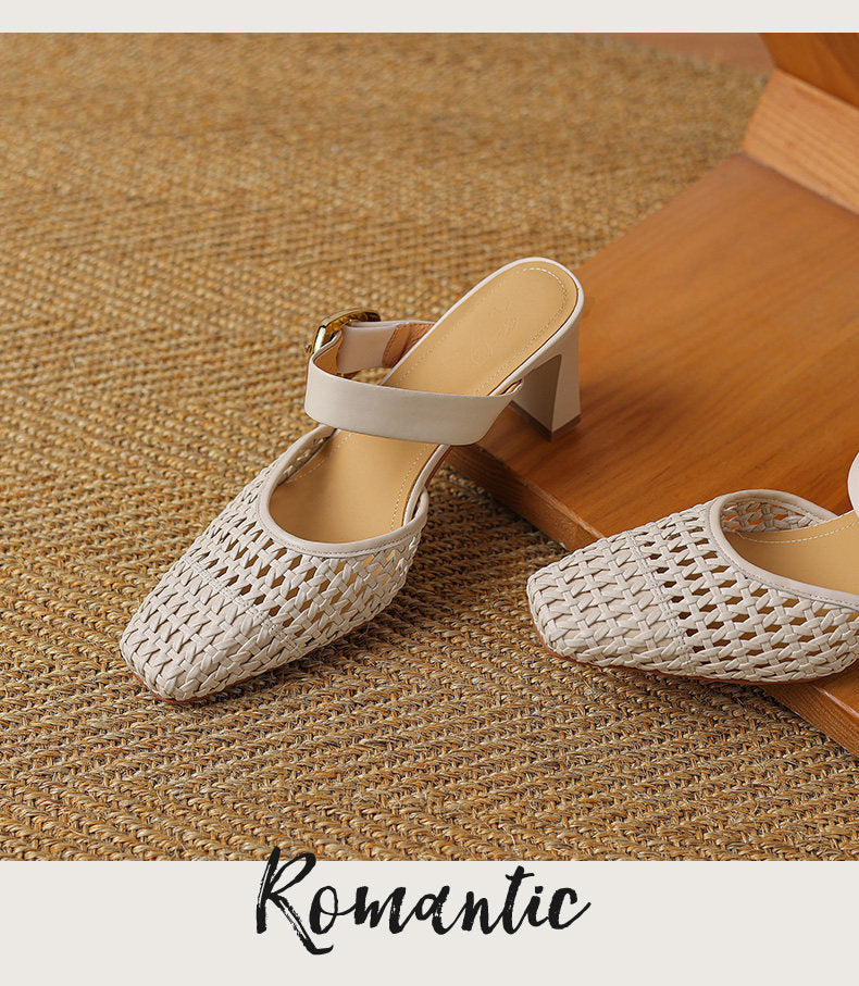 Damen elegante Mules mit modischem Geflecht und komfortablem Blockabsatz EB
