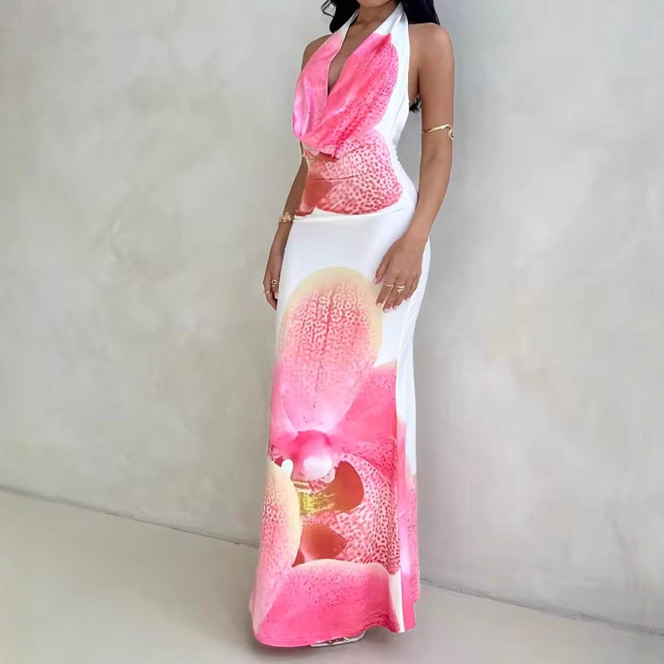Damen Maxikleid mit tiefem V-Ausschnitt und floralem Drapierungsdesign EB