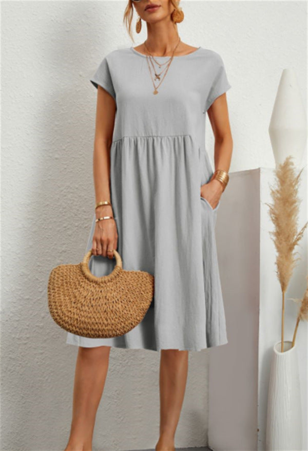 Damen Freizeitleinenkleid mit leichtem Schnitt und Taschen EB