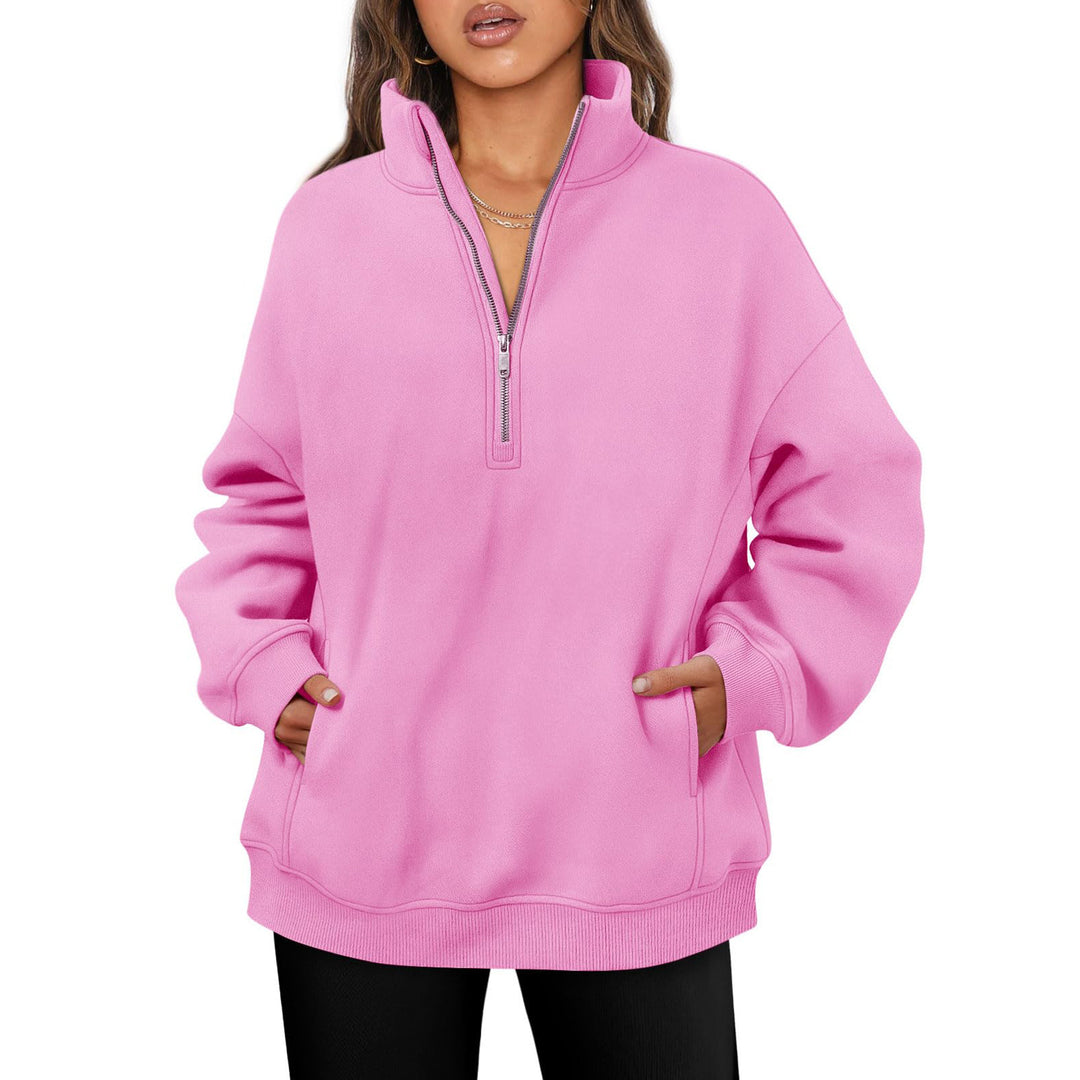 Damen nan oversized Halbzip-Pullover mit Stehkragen, Kängurutasche und Rippbündchen EB