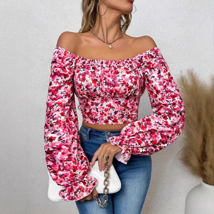 Damen Off-Shoulder Bluse mit Puffärmeln und floralen Mustern EB