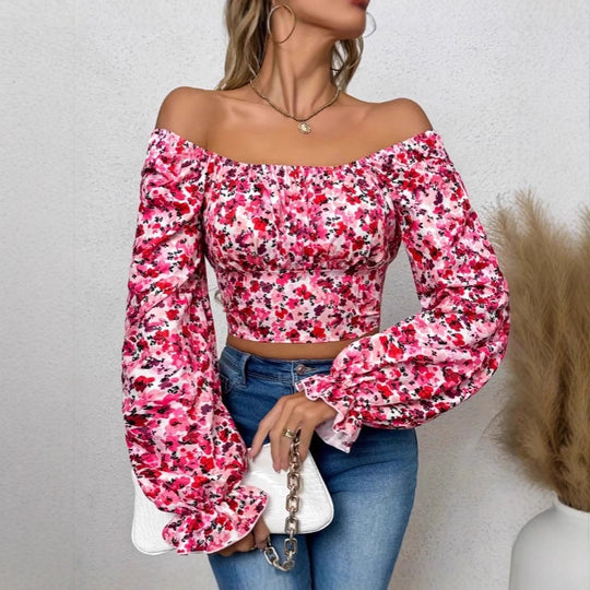 Damen Off-Shoulder Bluse mit Puffärmeln und floralen Mustern EB