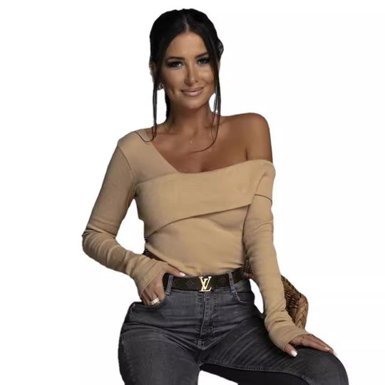Damen Off-Shoulder Langarmshirt mit dekorativem Wickeldetail EB