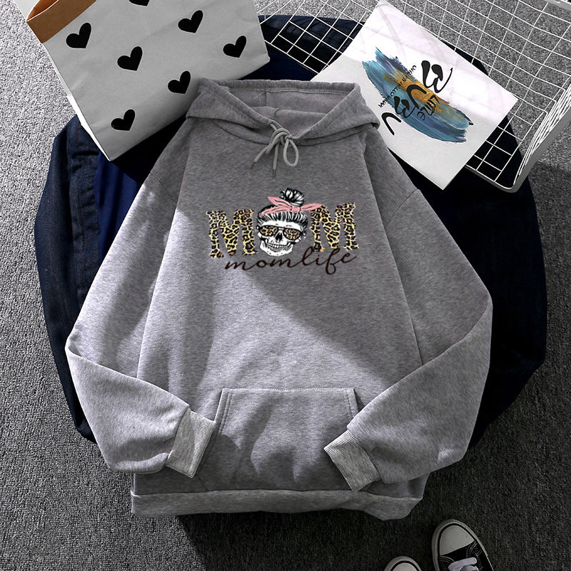 Damen nan Kapuzenpullover mit "Momlife" Skull-Print, Kängurutasche, weichem Fleece-Innenfutter und lockerer Oversize-Passform EB