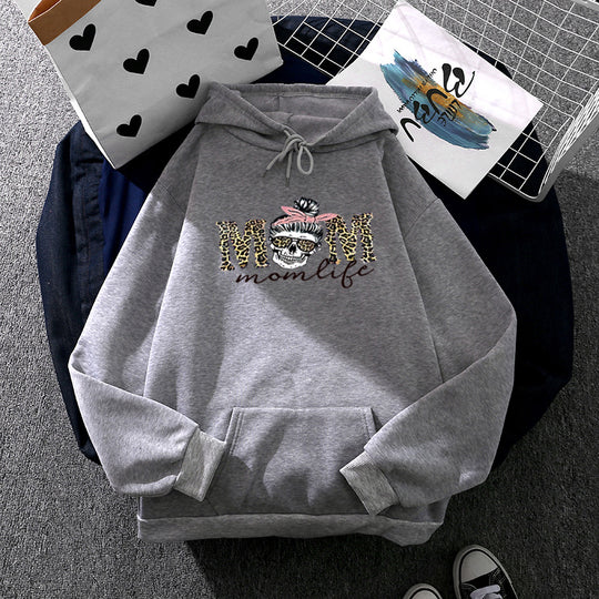 Damen nan Kapuzenpullover mit "Momlife" Skull-Print, Kängurutasche, weichem Fleece-Innenfutter und lockerer Oversize-Passform EB