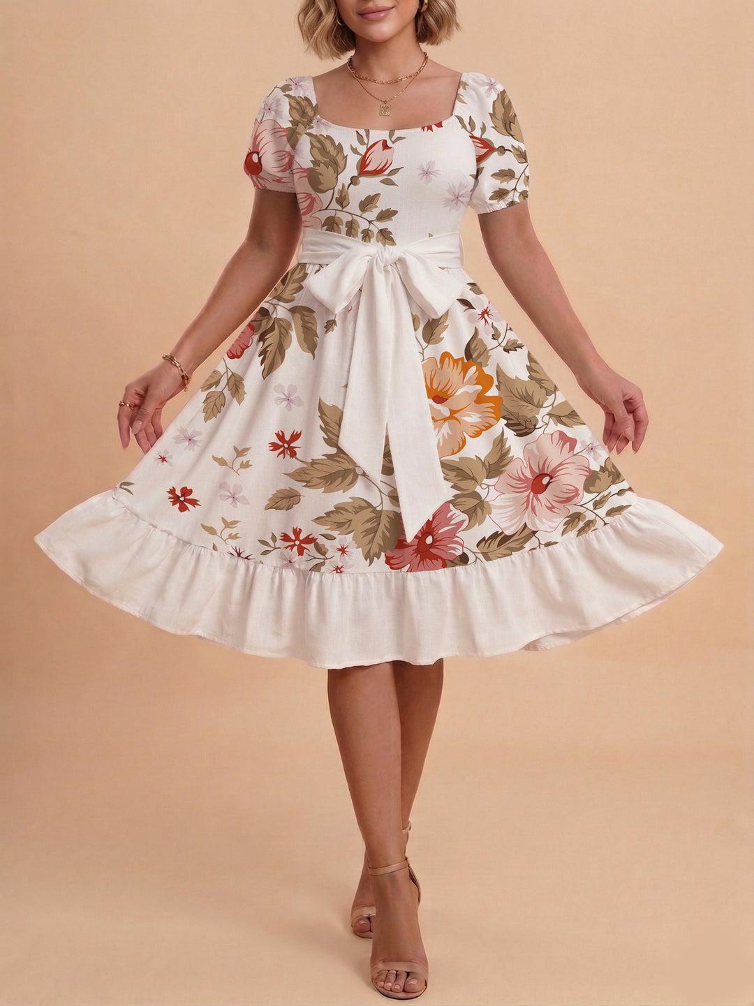 Damen Sommerliches Blumenkleid mit taillierbarem Gürtel und voluminösen Ärmeln EB
