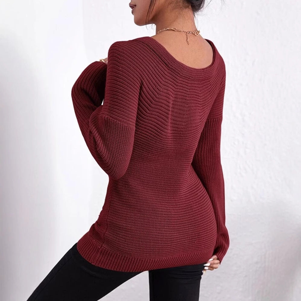 Damen Eleganter und lockerer Pullover mit tiefem V-Ausschnitt und langen Ärmeln EB
