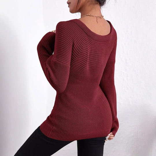 Damen Eleganter und lockerer Pullover mit tiefem V-Ausschnitt und langen Ärmeln EB