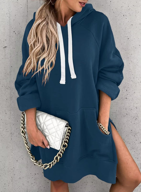 Damen lässiges Kapuzenkleid mit praktischen Eingrifftaschen und seitlichen Schlitzen EB