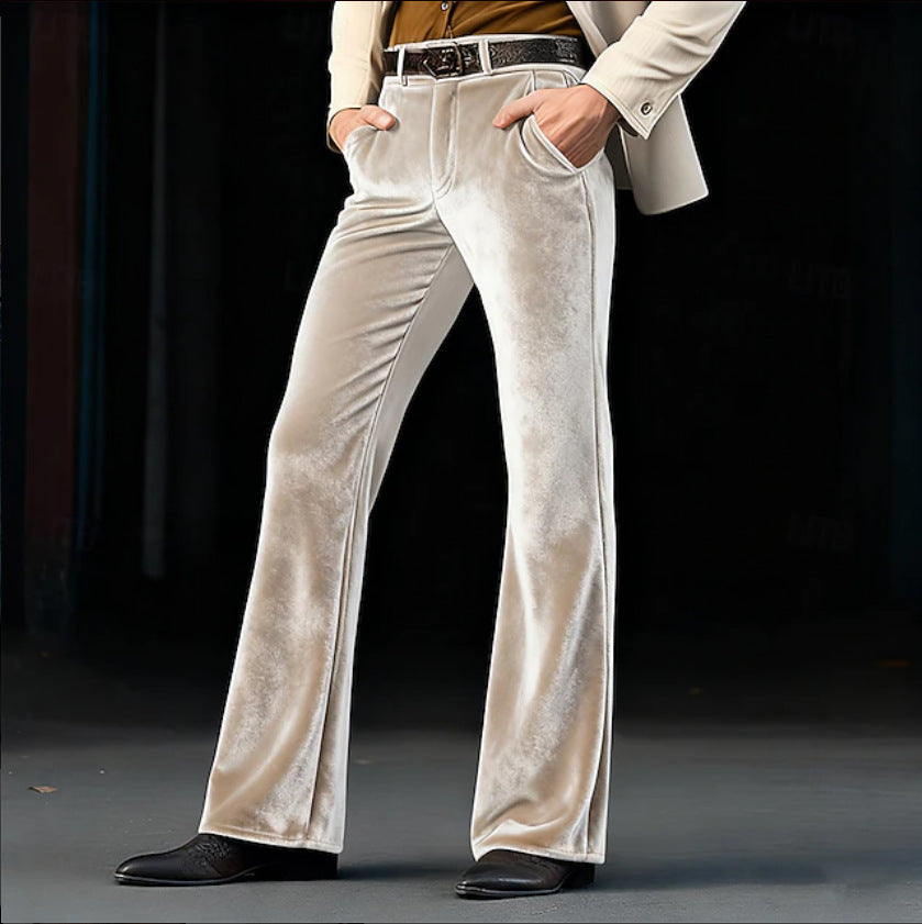 Damen Elegante Samt-Hose mit hohem Bund, ausgestelltem Bein und Eingrifftaschen EB