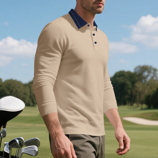 Herren elegantes Langarm-Polohemd mit kontrastierendem Kragen und modischen Knopfdetails EB