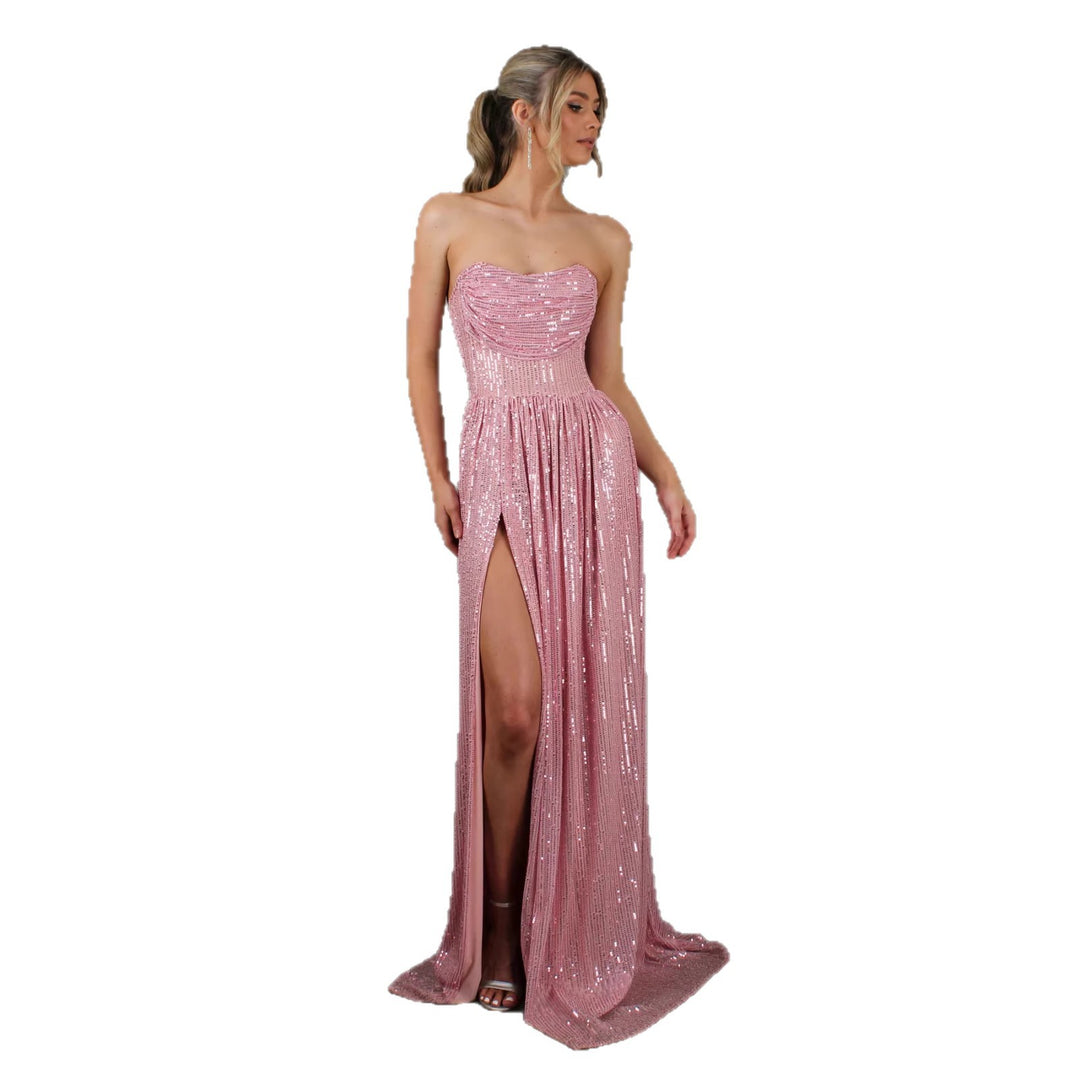 Damen Glitzerndes und schulterfreies Abendkleid mit tiefem Schlitz EB